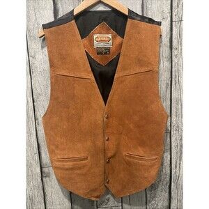 Exclusive Paragraff Western Suede Leather Vest Mens Large Brown Solid Snap Up